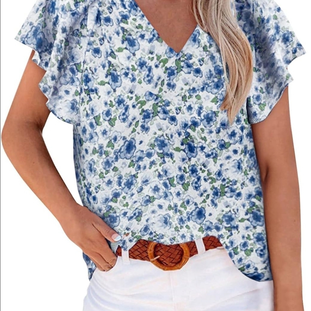 CeCe Blue and Green Floral Blouse
